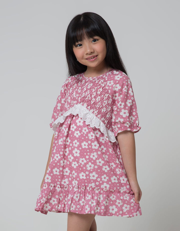 Little M Short Sleeve Midi Dress 3/4 Sleeve Smok With Lace