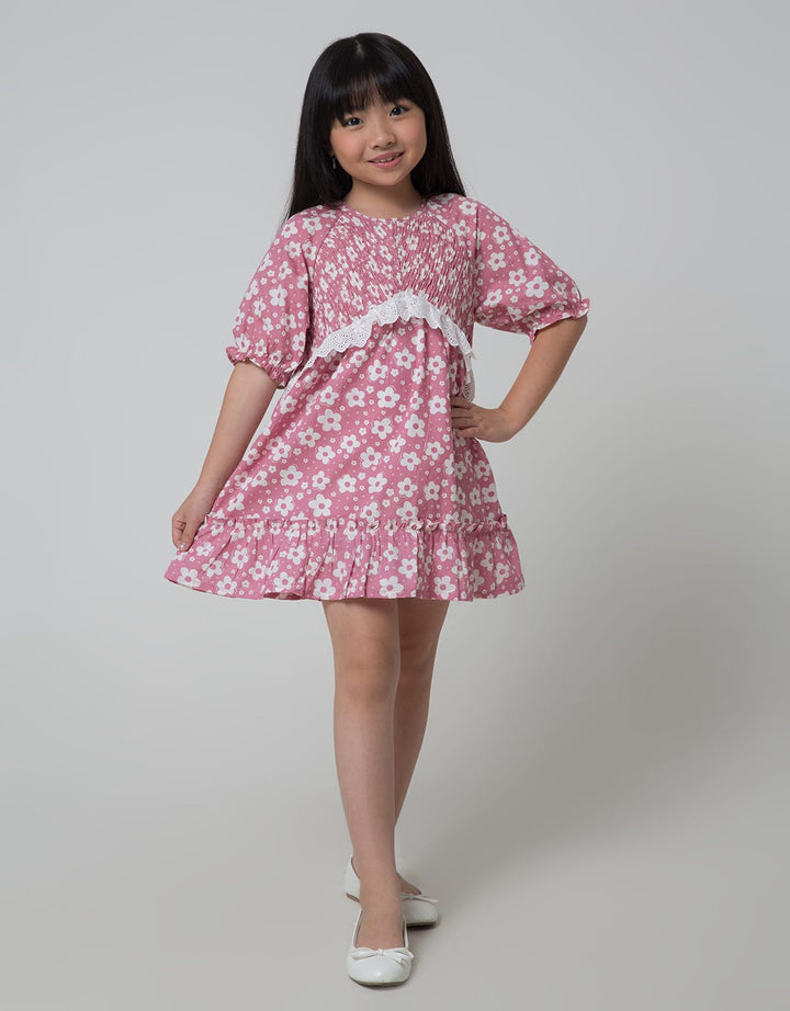 Little M Short Sleeve Midi Dress 3/4 Sleeve Smok With Lace