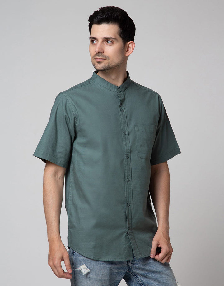 Cole Short Sleeve Shirt Woven Cotton Slub Mandarin Collar