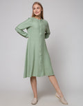 Connexion Long Sleeve Midi Dress Poly Crinkle W Button