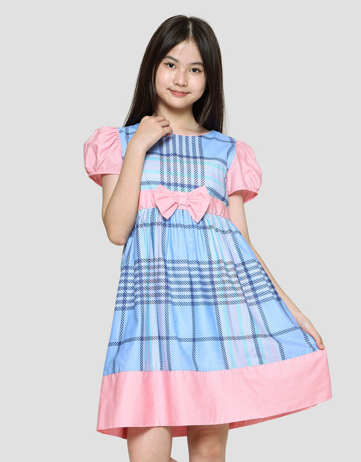 Sweet Miss Midi Dress Lengan Pendek Anak Perempuan Print Kotak Pinggang Pita