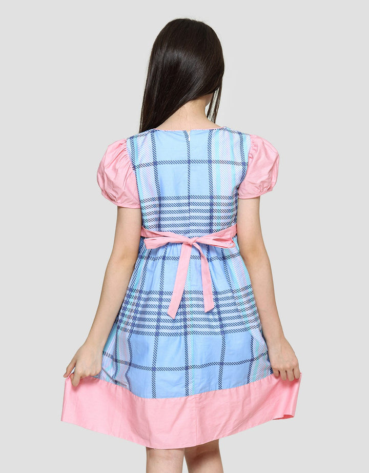 Sweet Miss Midi Dress Lengan Pendek Anak Perempuan Print Kotak Pinggang Pita