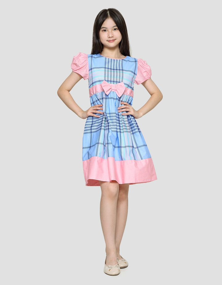 Sweet Miss Midi Dress Lengan Pendek Anak Perempuan Print Kotak Pinggang Pita