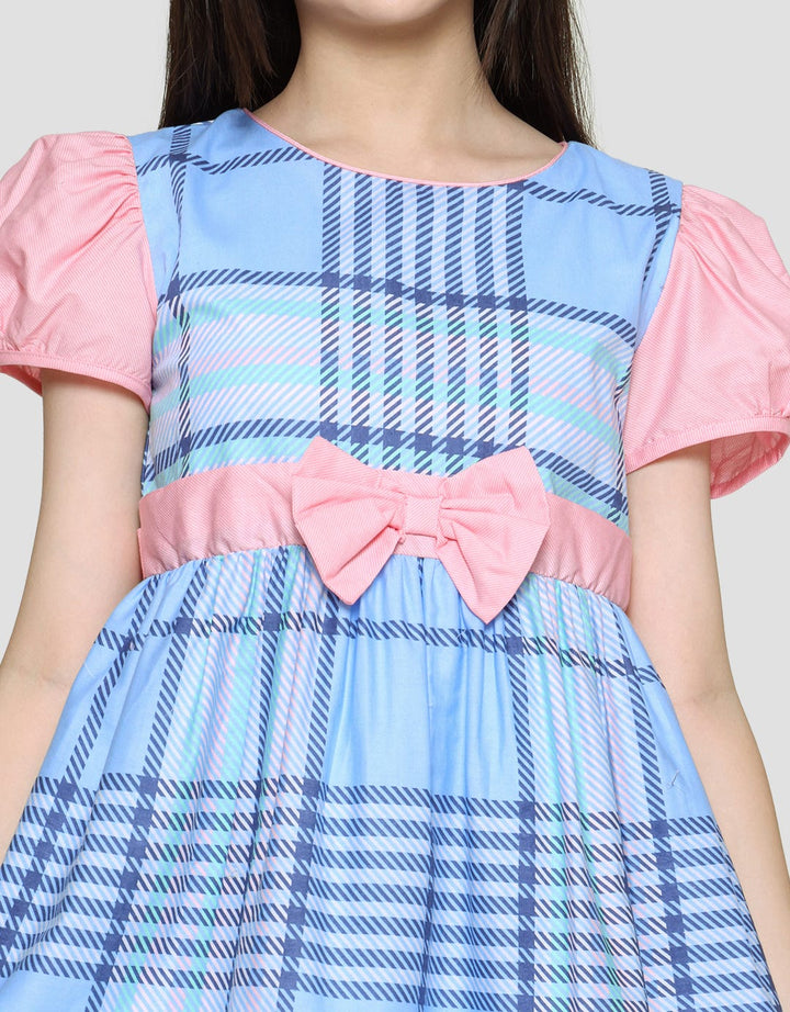 Sweet Miss Midi Dress Lengan Pendek Anak Perempuan Print Kotak Pinggang Pita