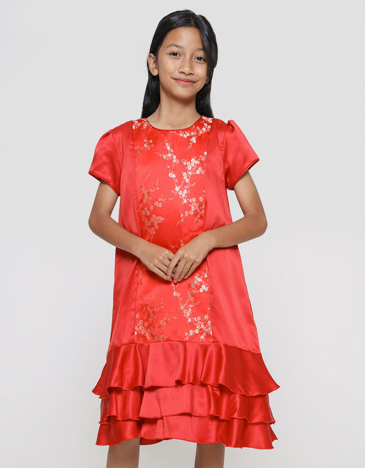 Sweet Miss Cny Jacquard Bunga Midi Dress Anak Perempuan
