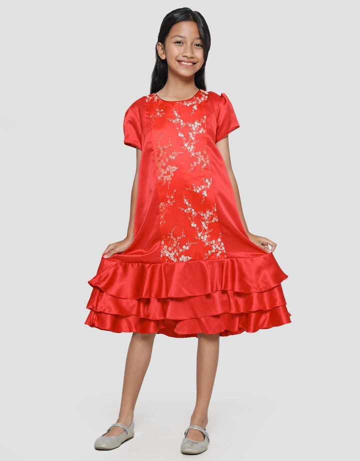 Sweet Miss Cny Jacquard Bunga Midi Dress Anak Perempuan