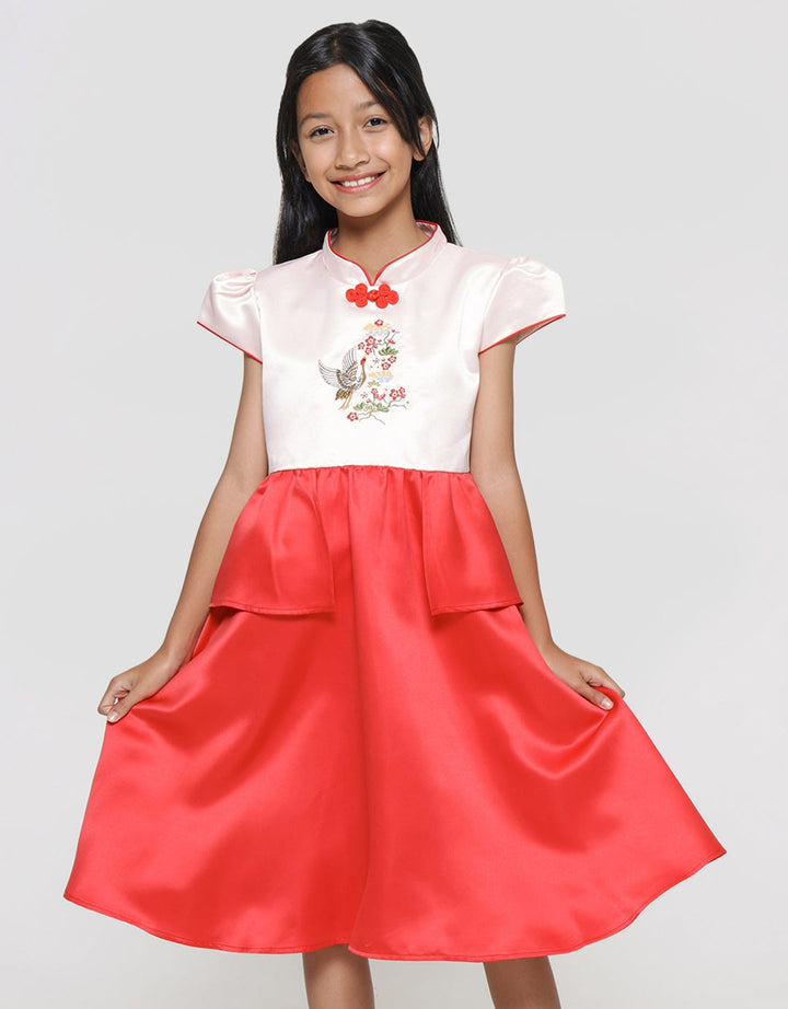 Sweet Miss Cny Burung Bunga Krah Shanghai Midi Dress Anak Perempuan