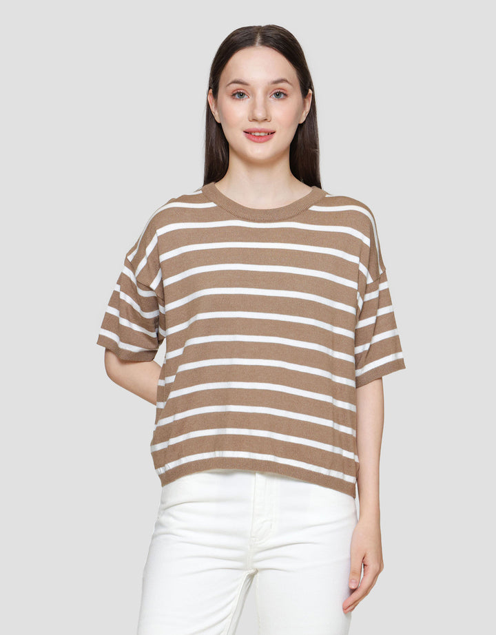 St. Yves Soft Touch Stripes Boxy Knitted Kaos Lengan Pendek Wanita