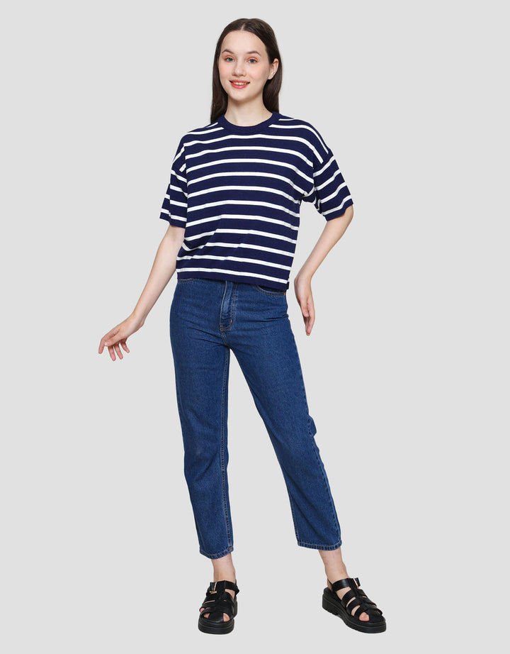 St. Yves Soft Touch Stripes Boxy Knitted Kaos Lengan Pendek Wanita