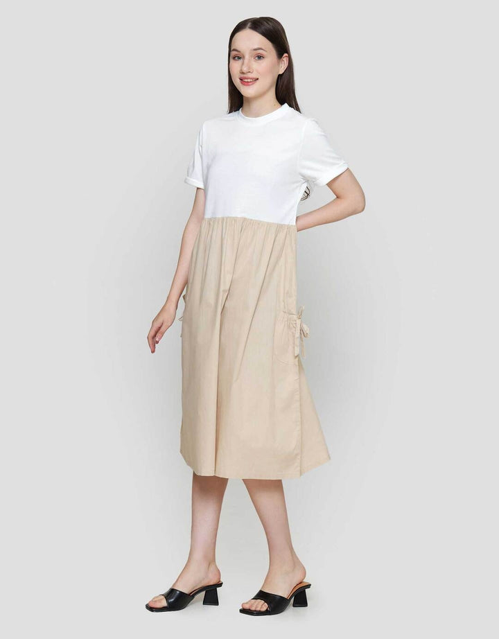 Nevada Woven Combination Knit Midi Dress Wanita