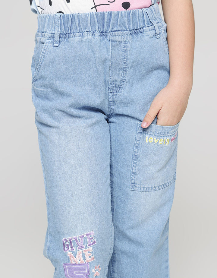 Little M Varsity Bordir Celana Denim Anak Perempuan