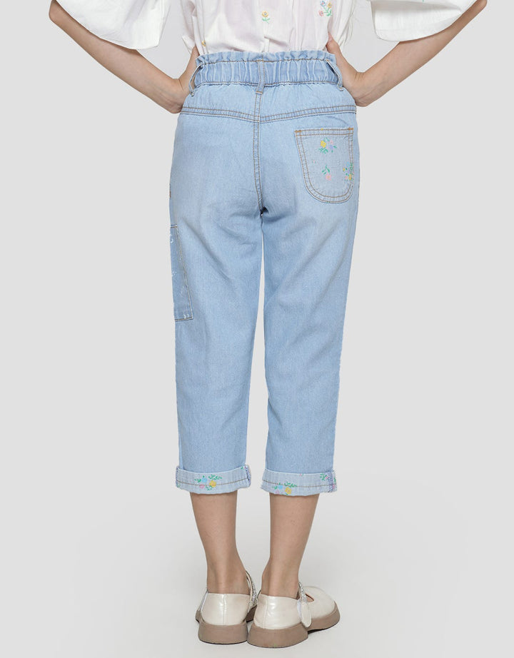 Little M Denim Long Pants Paperbag Patch Print Bunga