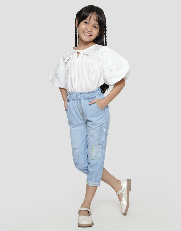 Little M Denim Long Pants Paperbag Patch Print Bunga