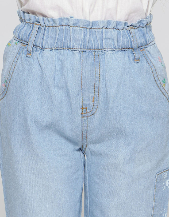 Little M Denim Long Pants Paperbag Patch Print Bunga