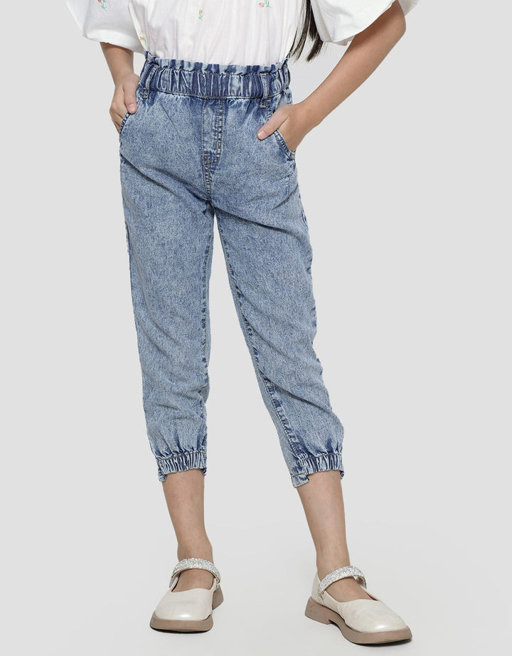 Little M Denim Long Pants Paperbag Waist Acid Wash