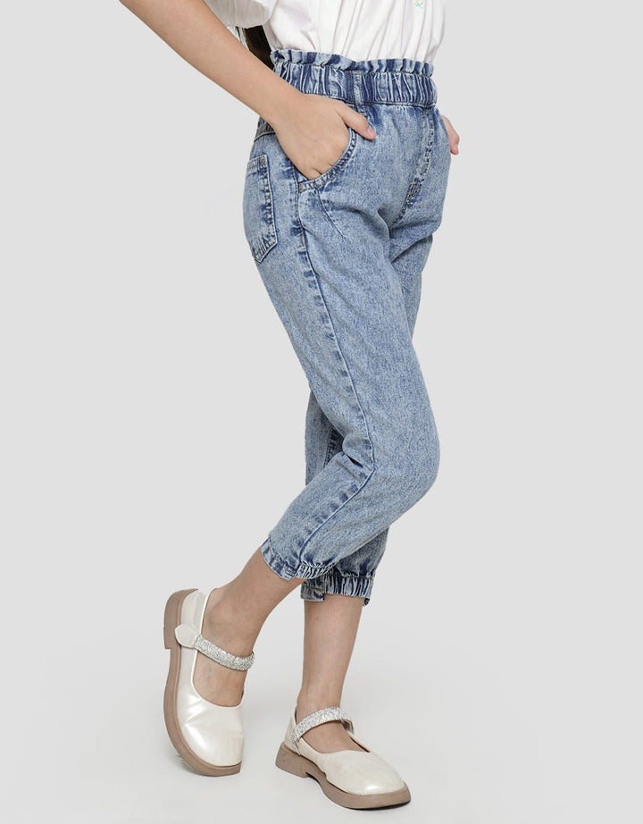 Little M Denim Long Pants Paperbag Waist Acid Wash
