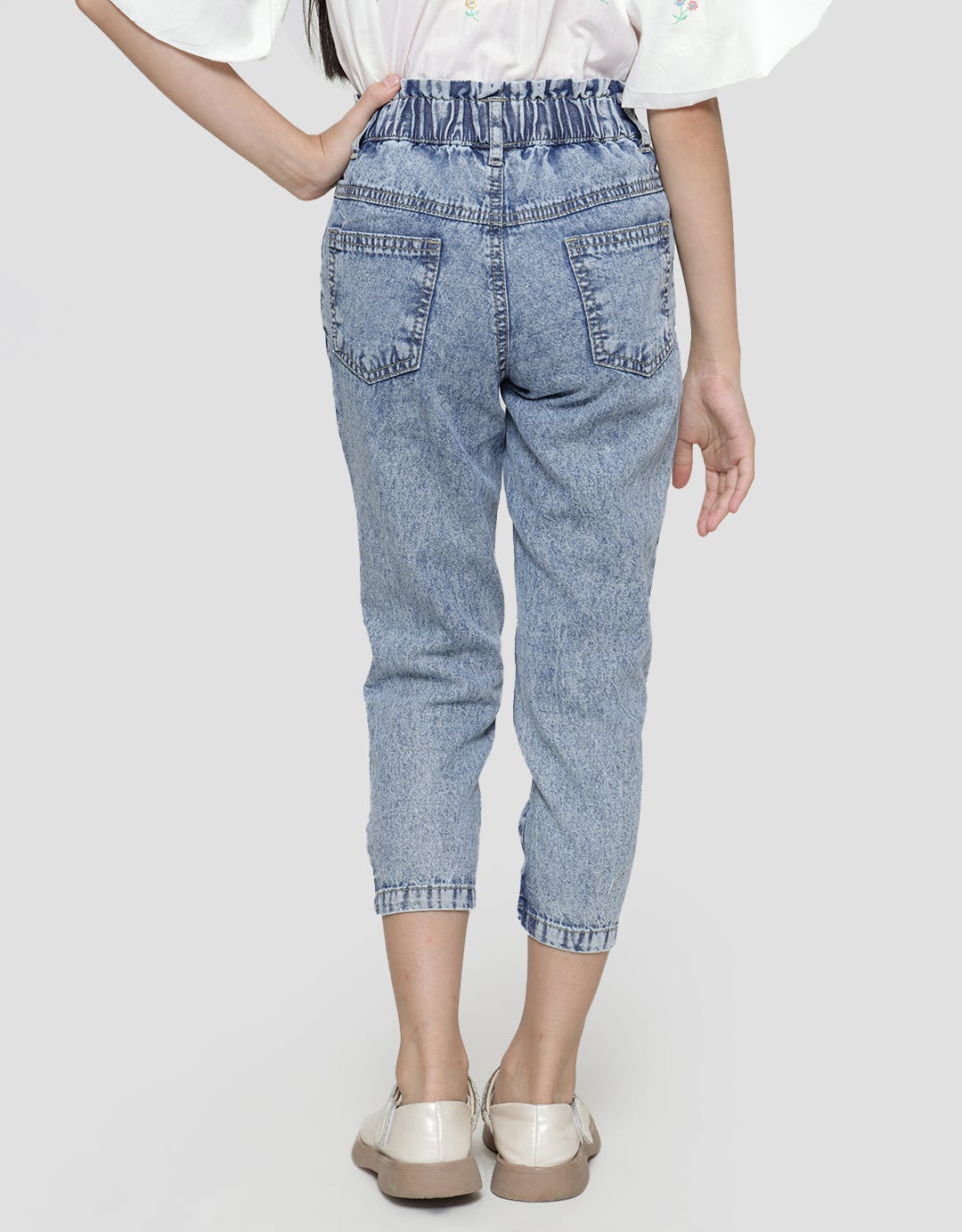 Little M Denim Long Pants Paperbag Waist Acid Wash