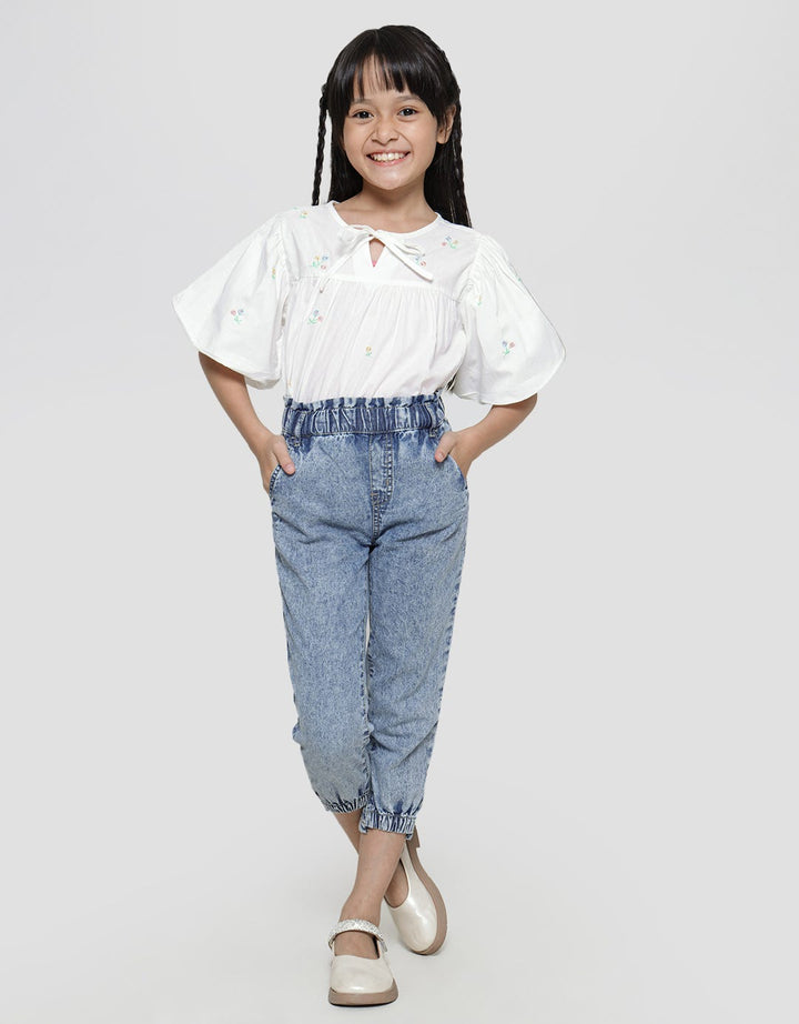 Little M Denim Long Pants Paperbag Waist Acid Wash