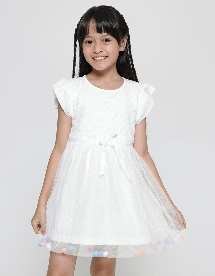 Little M Short Sleeve Midi Dress Lace Rok Tille Aplikasi Pompom
