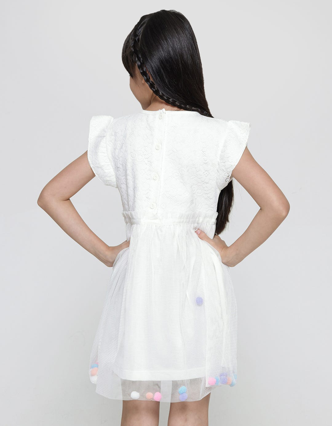 Little M Short Sleeve Midi Dress Lace Skirt Tille Pompom Applique