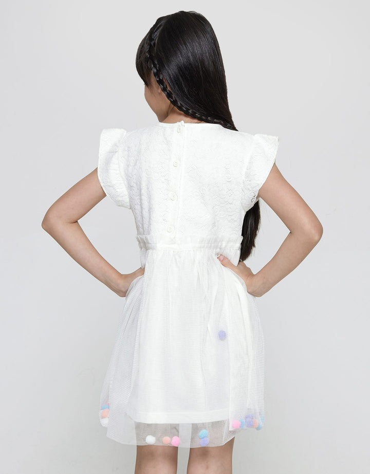 Little M Short Sleeve Midi Dress Lace Rok Tille Aplikasi Pompom