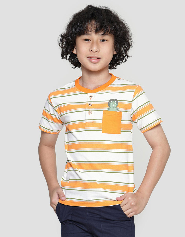 Little M Henley Stripe Print Dino Boys Short Sleeve T-Shirt