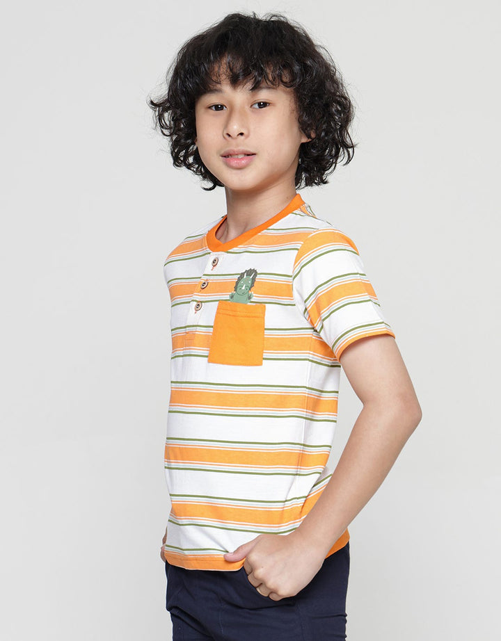 Little M Henley Stripe Print Dino Boys Short Sleeve T-Shirt