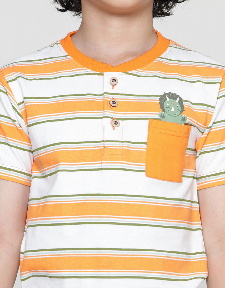 Little M Henley Stripe Print Dino Boys Short Sleeve T-Shirt