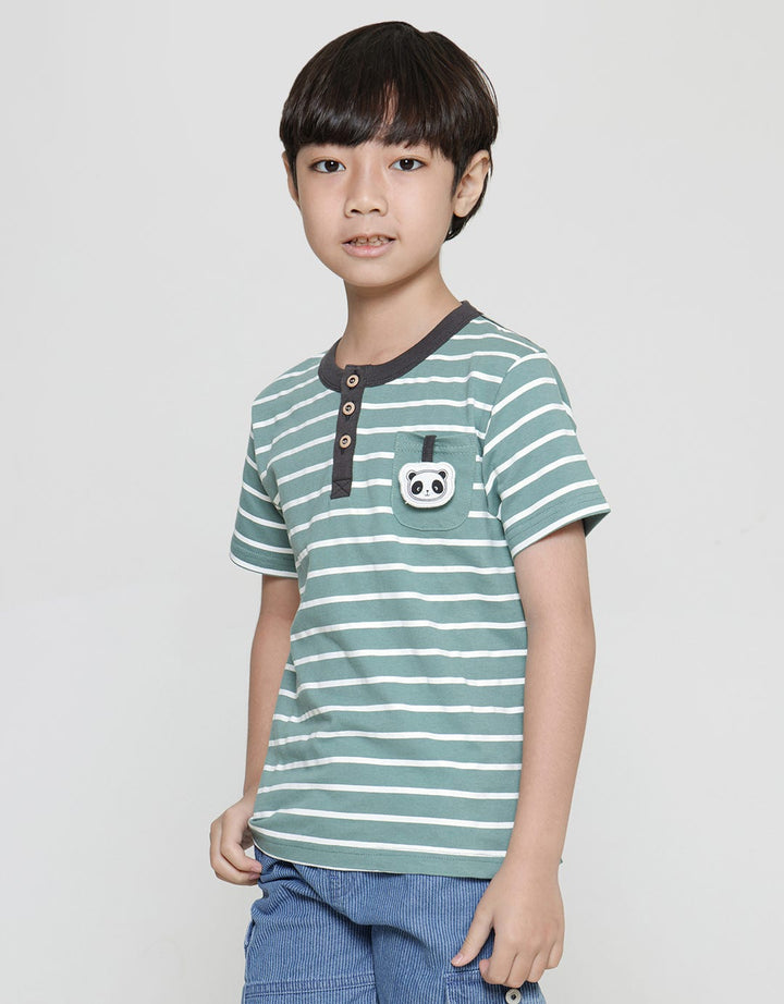 Little M Henley Stripe Print Panda Embroidery Boys Short Sleeve T-Shirt
