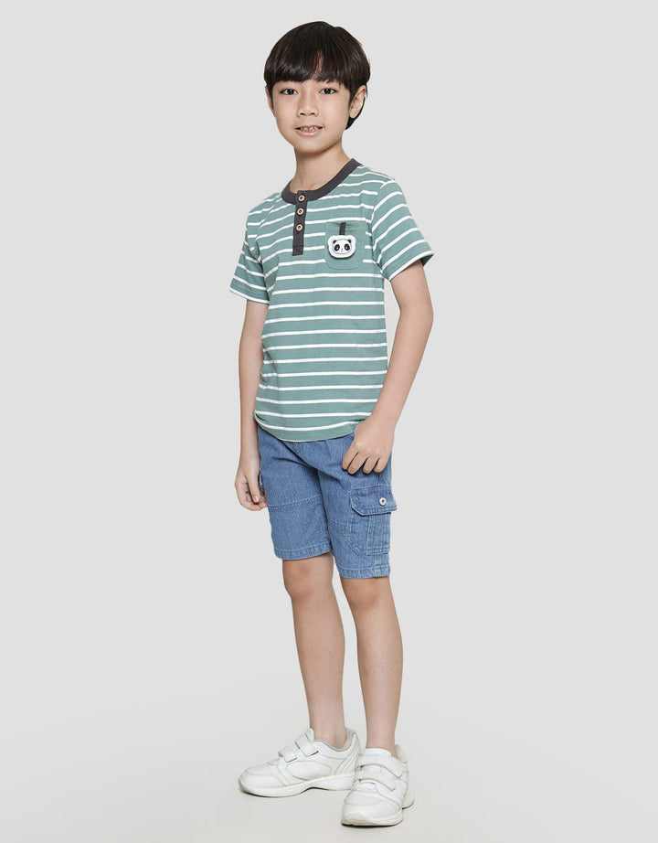 Little M Henley Stripe Print Panda Embroidery Boys Short Sleeve T-Shirt