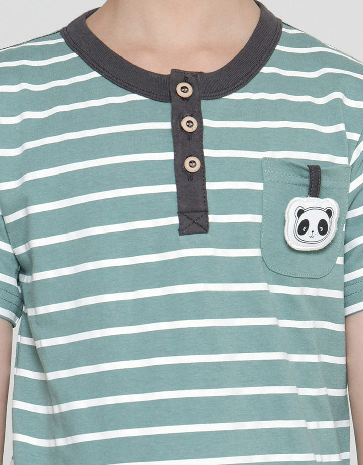 Little M Henley Stripe Print Panda Embroidery Boys Short Sleeve T-Shirt