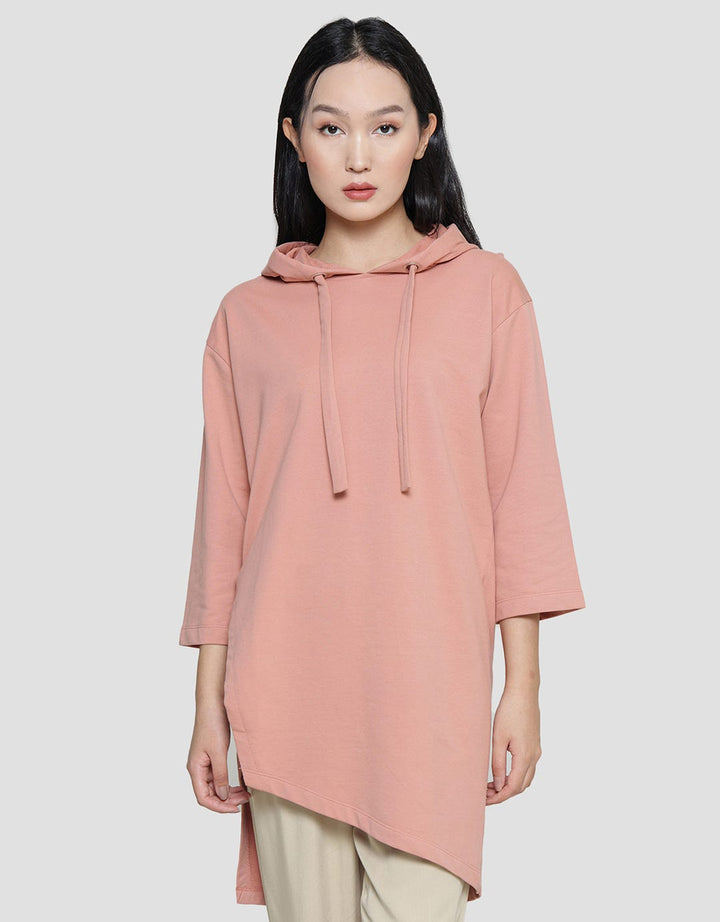 Suko Gaun Hoodie Lengan 3/4 Plain Jersey Asymmetric Wanita