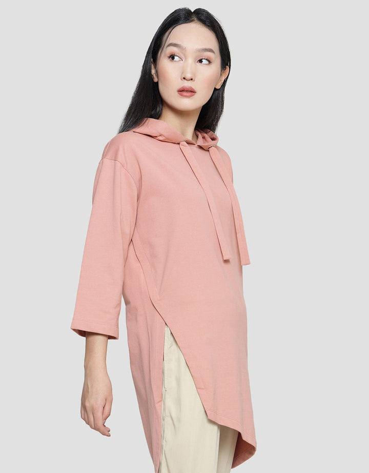 Suko Gaun Hoodie Lengan 3/4 Plain Jersey Asymmetric Wanita
