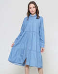 Connexion Mini Dress Denim Tiered Lengan Panjang Wanita