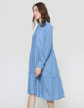 Connexion Mini Dress Denim Tiered Lengan Panjang Wanita