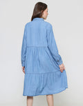 Connexion Mini Dress Denim Tiered Lengan Panjang Wanita