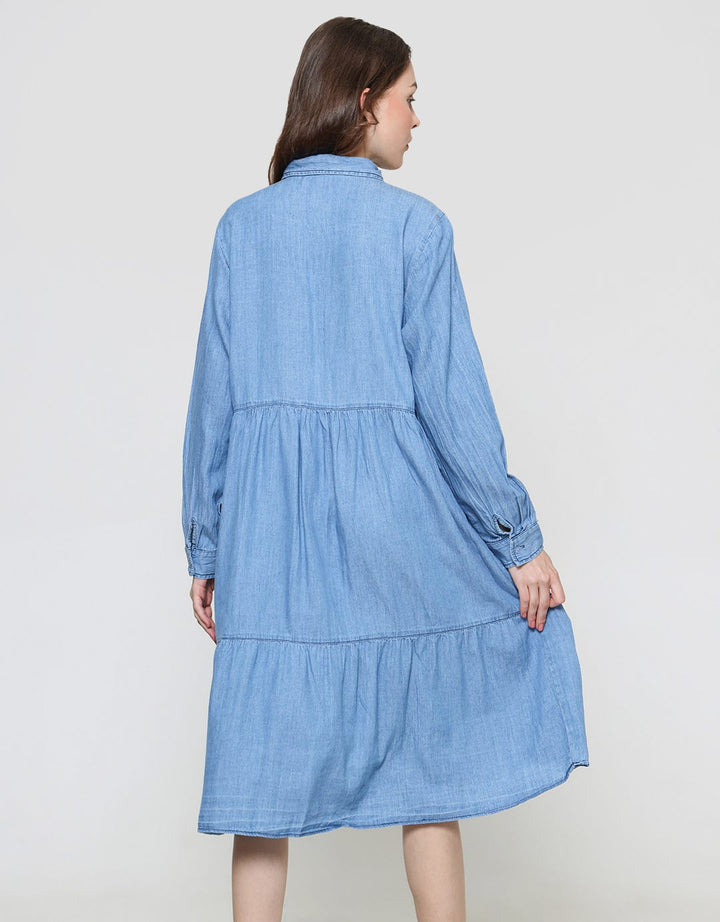 Connexion Mini Dress Denim Tiered Lengan Panjang Wanita