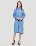 Connexion Mini Dress Denim Tiered Lengan Panjang Wanita