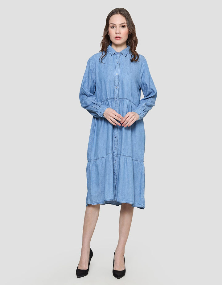 Connexion Mini Dress Denim Tiered Lengan Panjang Wanita