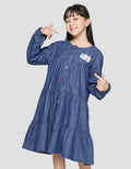 Nevada Long Sleeve Midi Dress Denim Round Neck With Ruffle