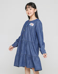 Nevada Long Sleeve Midi Dress Denim Round Neck With Ruffle