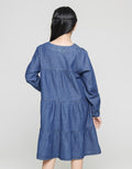 Nevada Long Sleeve Midi Dress Denim Round Neck With Ruffle