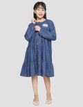 Nevada Long Sleeve Midi Dress Denim Round Neck With Ruffle