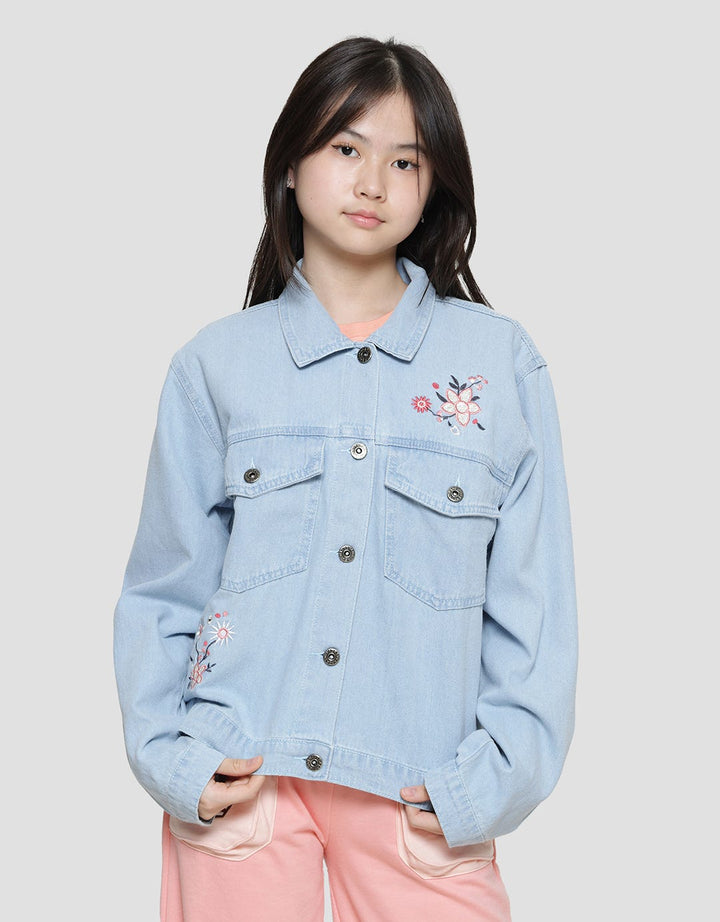 Nevada Two Front Pocket Flower Embro Jaket Denim Anak Perempuan