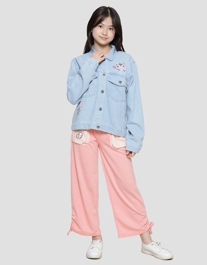 Nevada Two Front Pocket Flower Embro Jaket Denim Anak Perempuan
