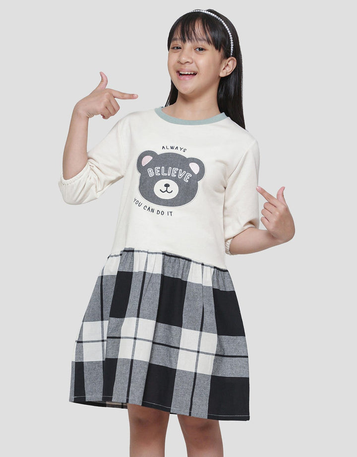 Nevada Bear Combination Checked Woven Midi Dress 3/4 Anak Perempuan