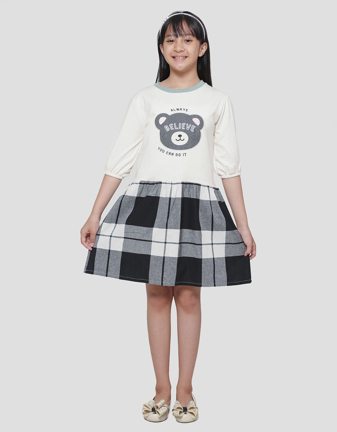 Nevada Bear Combination Checked Woven Midi Dress 3/4 Anak Perempuan