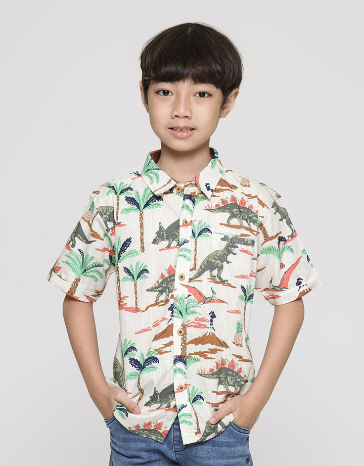 Little M Print Dino Slub Kemeja Lengan Pendek Anak Laki-Laki
