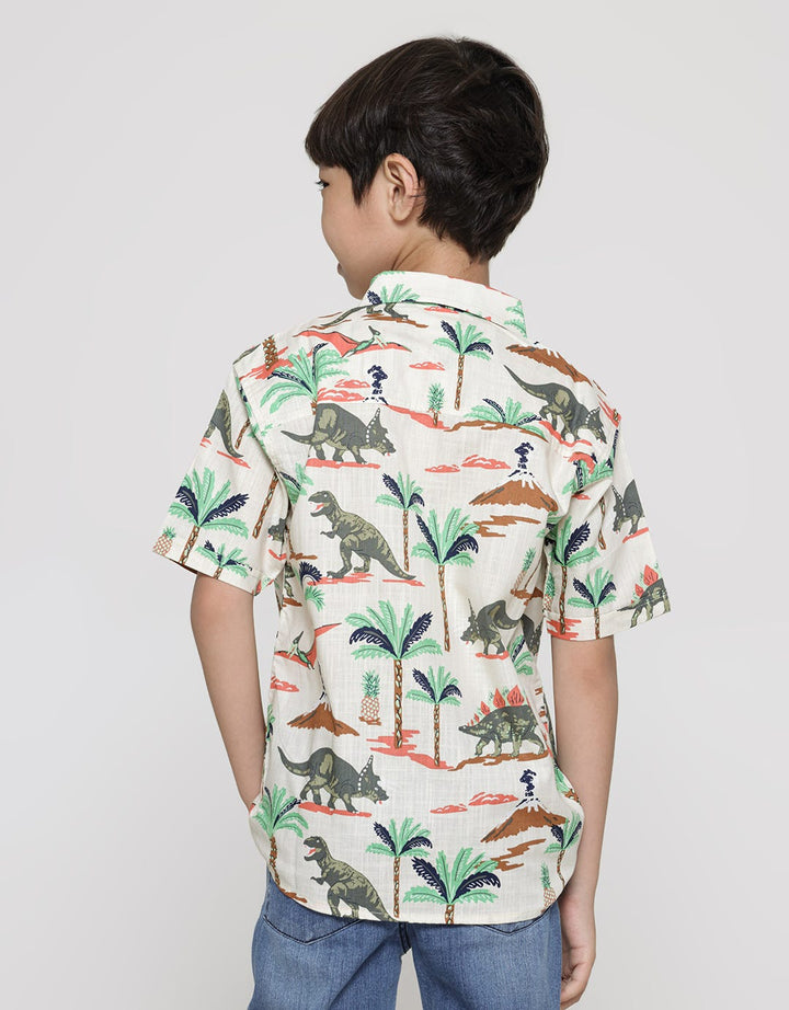 Little M Print Dino Slub Kemeja Lengan Pendek Anak Laki-Laki