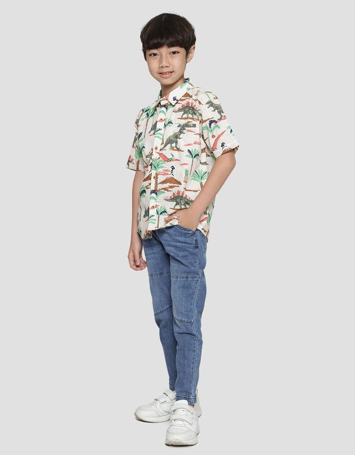 Little M Print Dino Slub Kemeja Lengan Pendek Anak Laki-Laki
